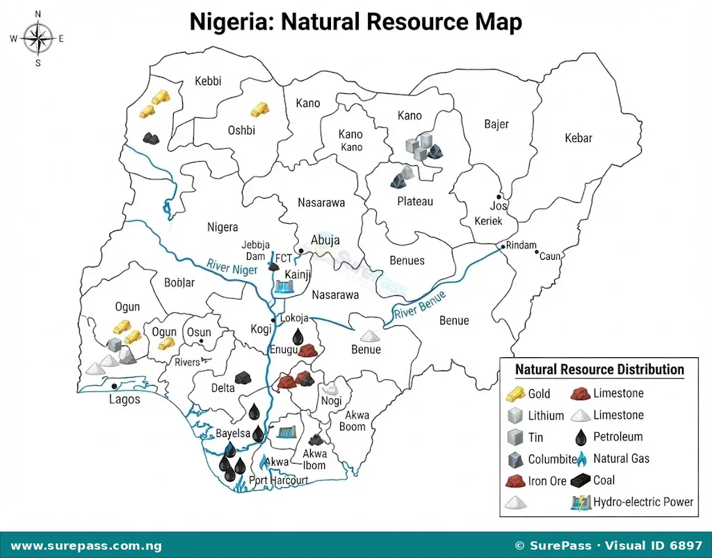 Map of Nigeria showing the distribution of mineral, energy, and water resources.
