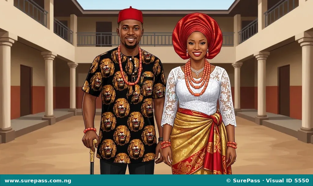 An Igbo man and woman dressed in traditional Isiagu and double wrappers.