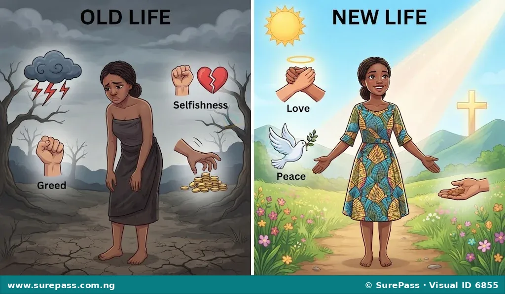 A split image contrasting old life and new life. The old life side shows a burdened person with negative symbols. The new life side shows a joyful person with positive symbols and light.