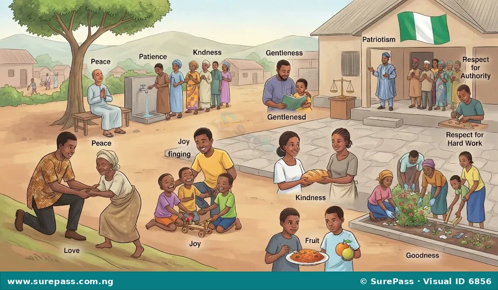 An illustration depicting various characteristics of new life in Christ, such as people showing love, joy, peace, patience, kindness, goodness, faithfulness, gentleness, self-control, justice, patriotism, respect for hard work, and respect for authority.