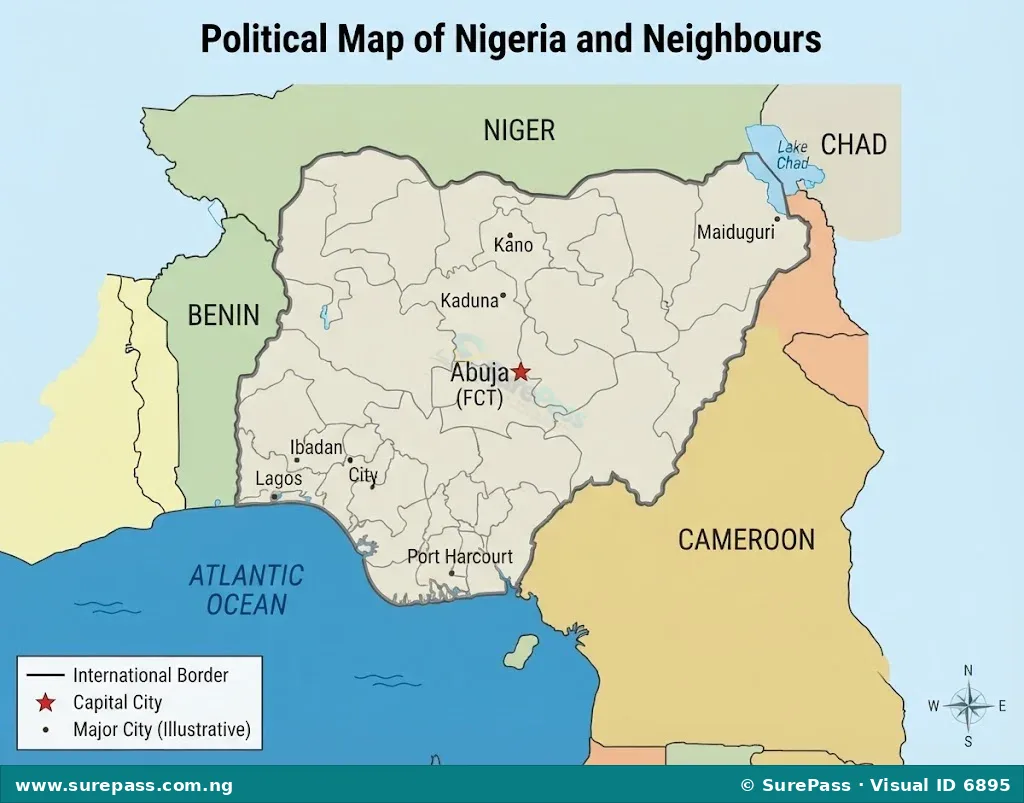 A political map of Nigeria showing its land borders with Benin to the west, Niger to the north, Chad to the northeast, and Cameroon to the east and southeast. The Atlantic Ocean is visible to the south.