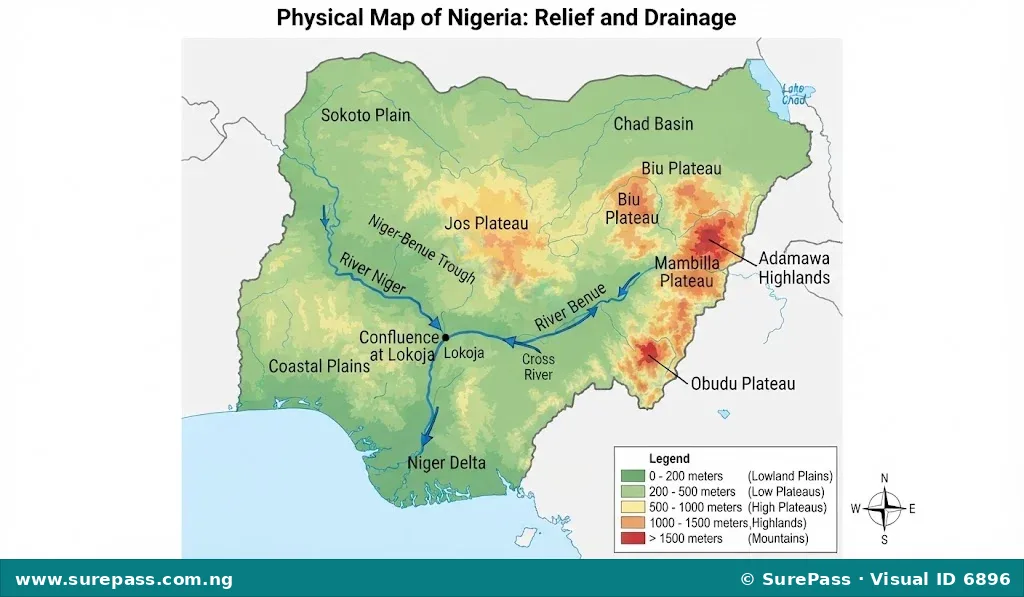 A physical map of Nigeria displaying its major relief features including highlands like the Jos Plateau and lowlands like the Coastal Plains. The River Niger and River Benue are prominently shown, flowing to their confluence at Lokoja, and Lake Chad is visible in the northeast.