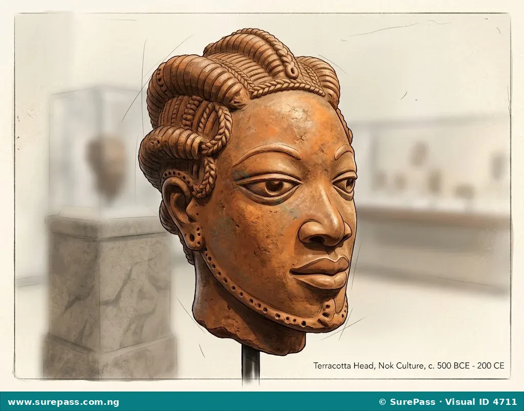 An ancient terracotta head sculpture from the Nok culture, with almond eyes and intricate hair.