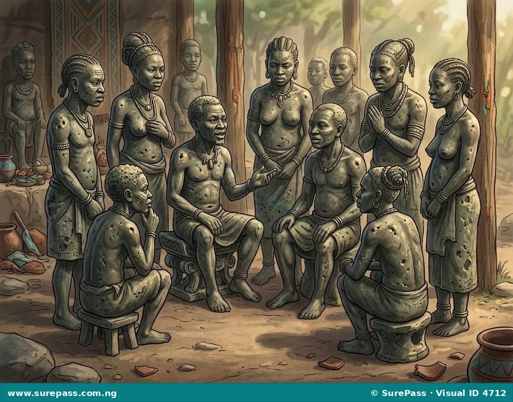 Several ancient Esie soapstone figures, depicting humans with detailed features.