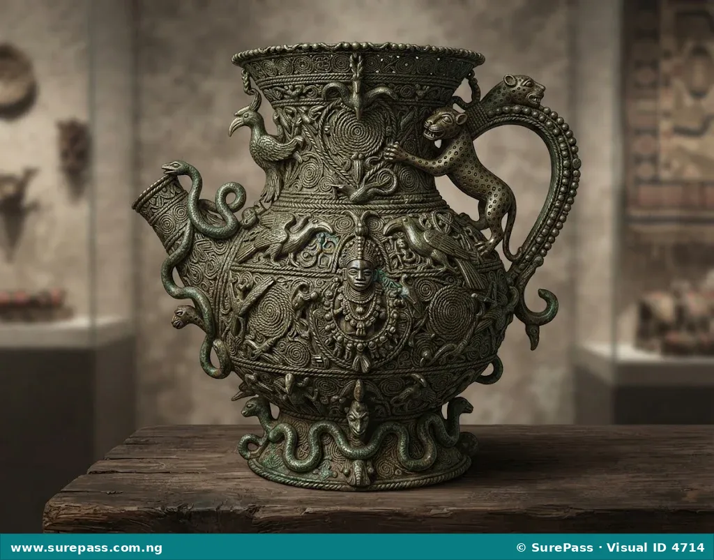 An ornate bronze ceremonial vessel from Igbo-Ukwu, with complex patterns.