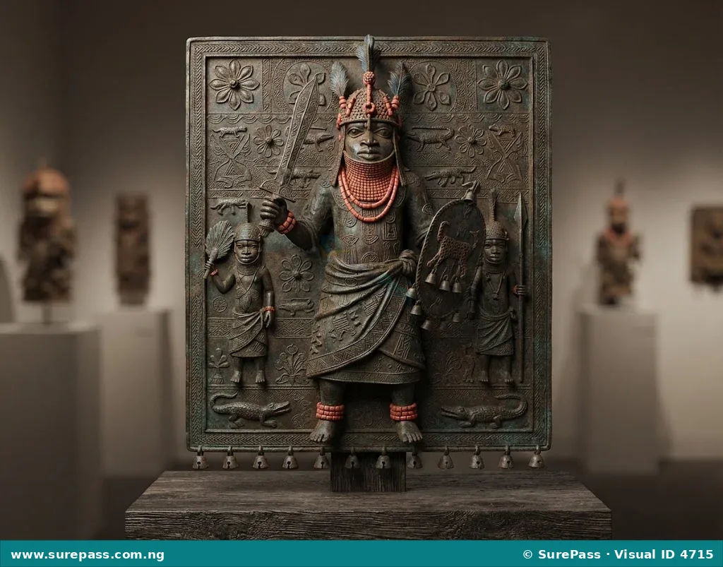A Benin bronze plaque showing a warrior figure in traditional attire.