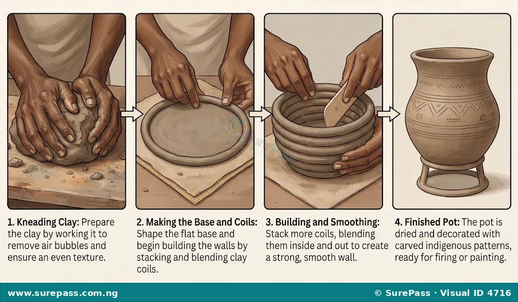 A four-step visual guide showing how to make a clay pot with traditional patterns.