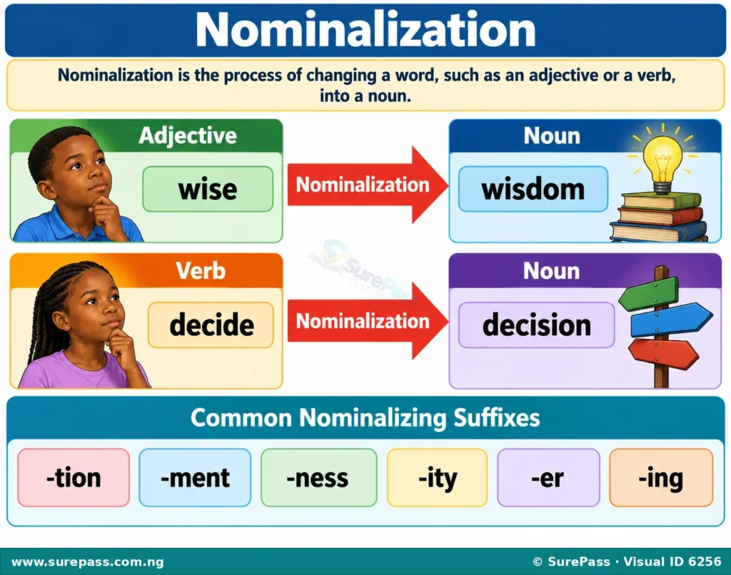 Diagram showing how adjectives and verbs become nouns through nominalization, with examples like 'wise' to 'wisdom' and 'decide' to 'decision', and a list of common suffixes.