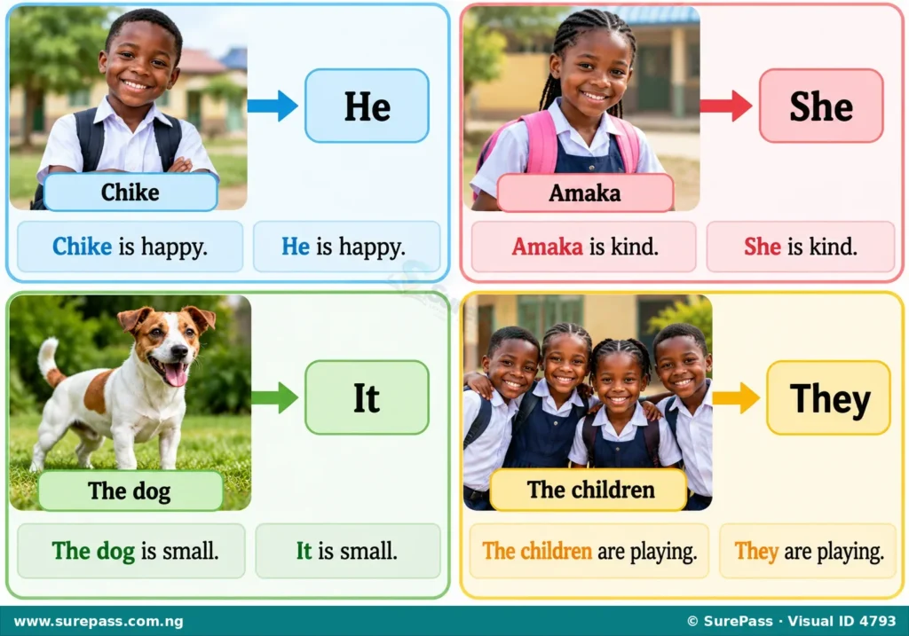 Diagram showing 'Chike' replaced by 'He', 'Amaka' by 'She', 'dog' by 'It', and 'children' by 'They'.
