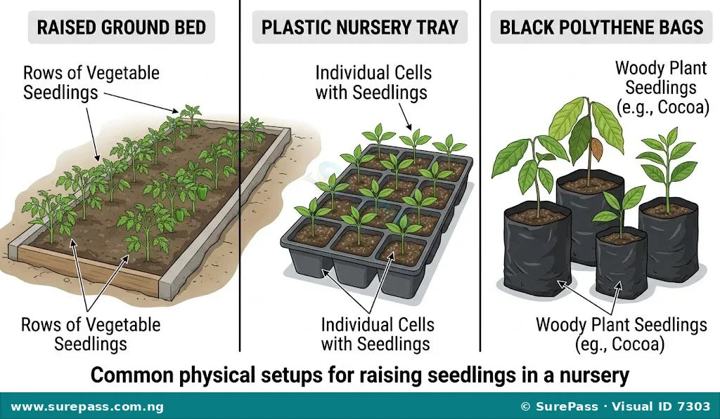 Three types of nursery setups: a raised ground bed, a plastic seed tray, and black polythene bags containing seedlings.