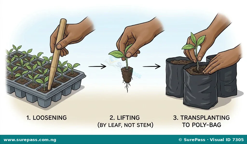 Step-by-step process of pricking-out seedlings from a tray to a poly-bag.