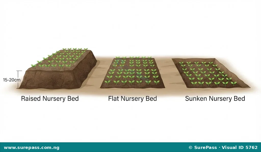 Diagram showing three types of nursery beds: a raised bed (mound of soil), a flat bed (level with ground), and a sunken bed (dug into ground), all with seedlings.