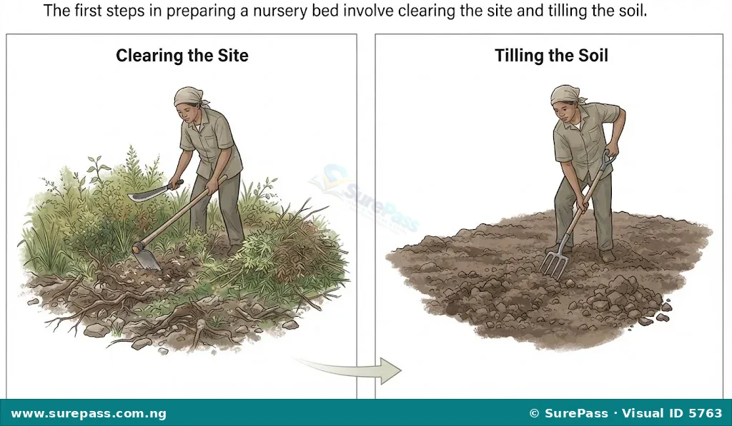 Two-panel image showing site preparation. Panel 1: A person clearing weeds with a hoe and cutlass. Panel 2: A person tilling the cleared soil with a garden fork.