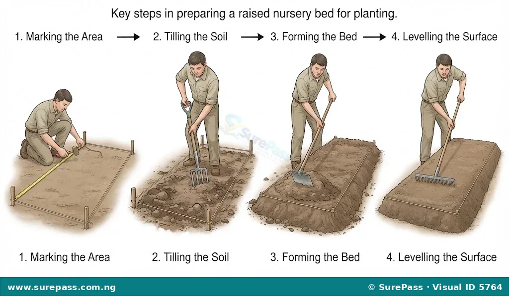 Four-panel image showing steps to prepare a raised nursery bed. Panel 1: Marking the area. Panel 2: Tilling the soil. Panel 3: Forming the raised bed. Panel 4: Levelling the bed surface.