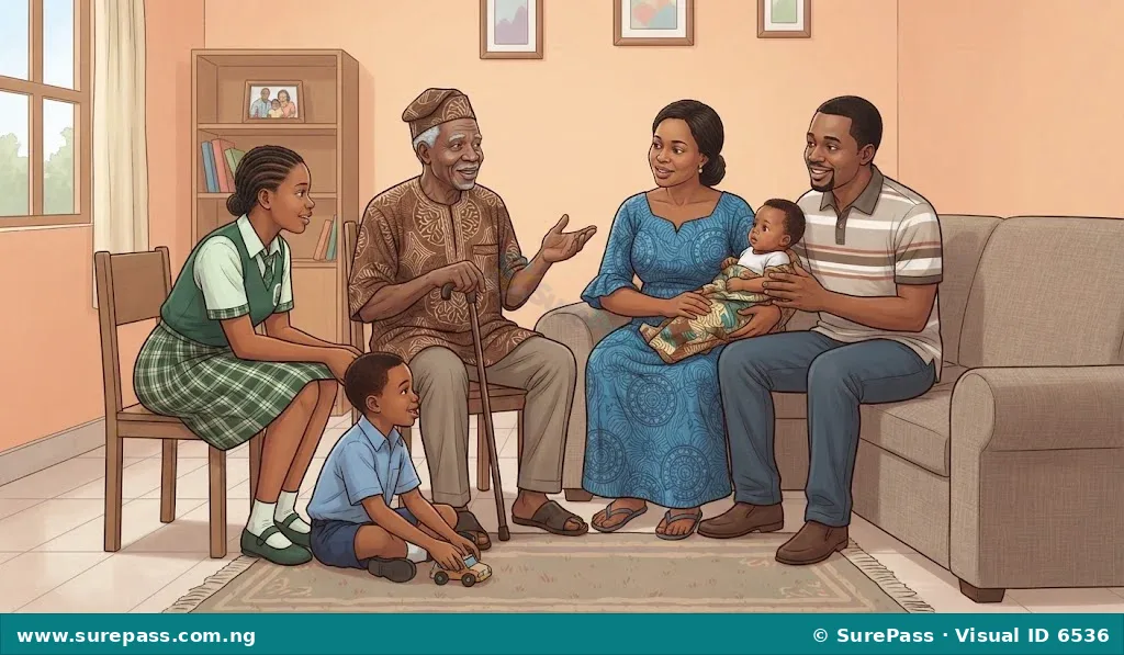 A multi-generational Nigerian family representing different age groups from infants to the elderly.