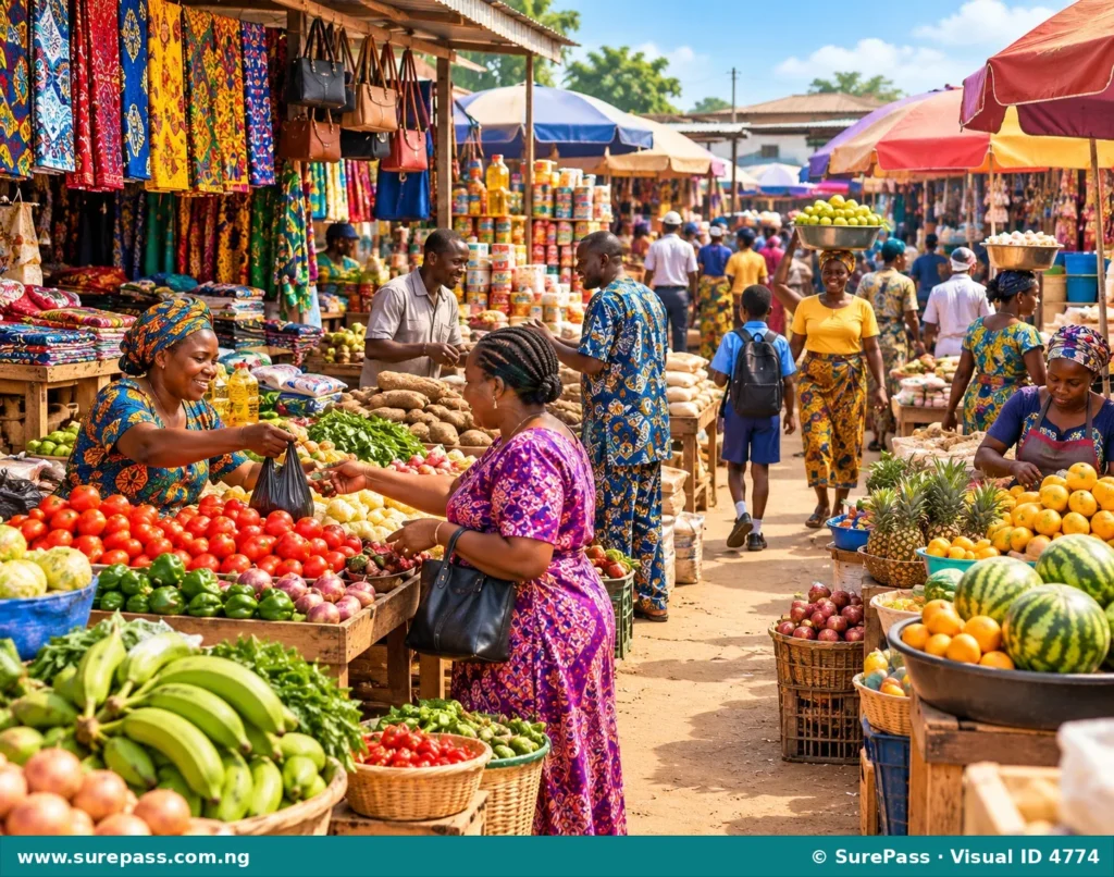 A busy Nigerian market with many people, colourful stalls, and various goods like fruits and fabrics.