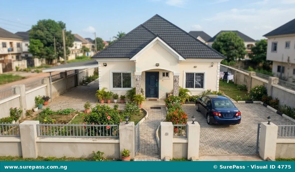 A modern, comfortable family house with a garden and a car in a Nigerian suburb.
