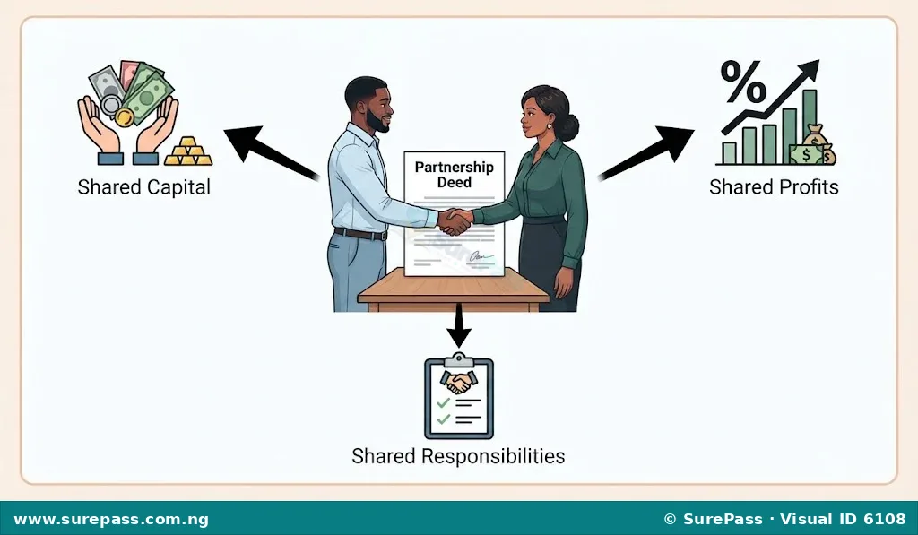 Two people shaking hands over a partnership deed, symbolising agreement and shared business.