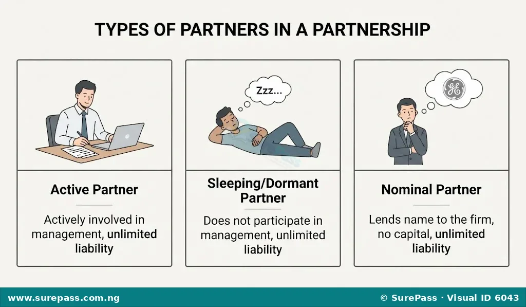 Diagram illustrating three types of partners: Active, Sleeping/Dormant, and Nominal, with their characteristics.