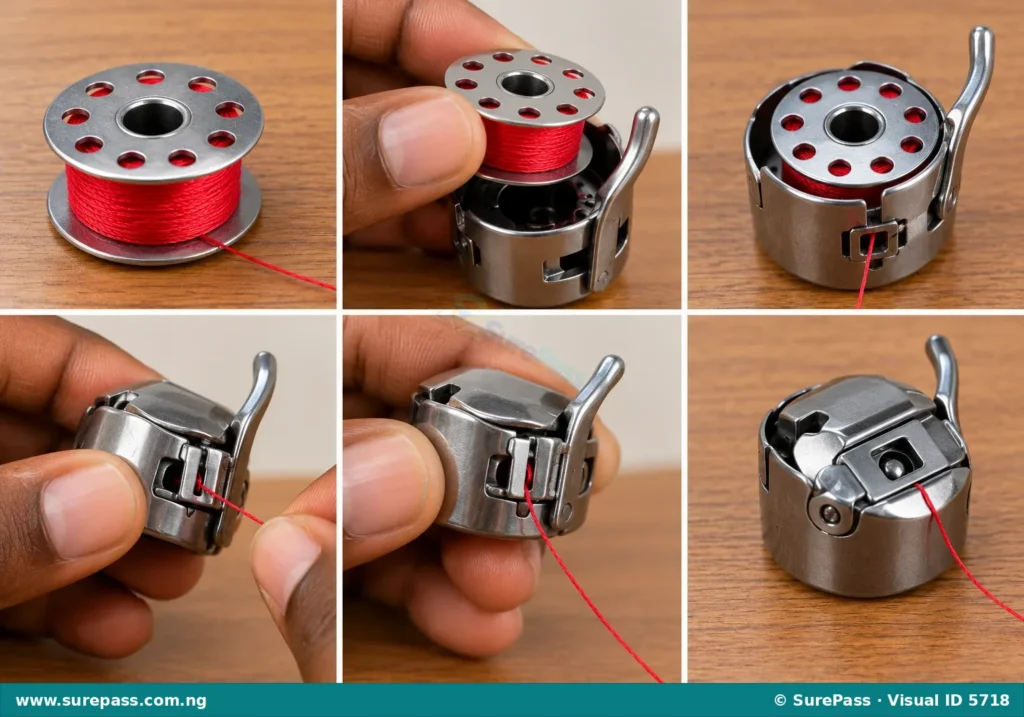 Close-up of a bobbin and bobbin case.