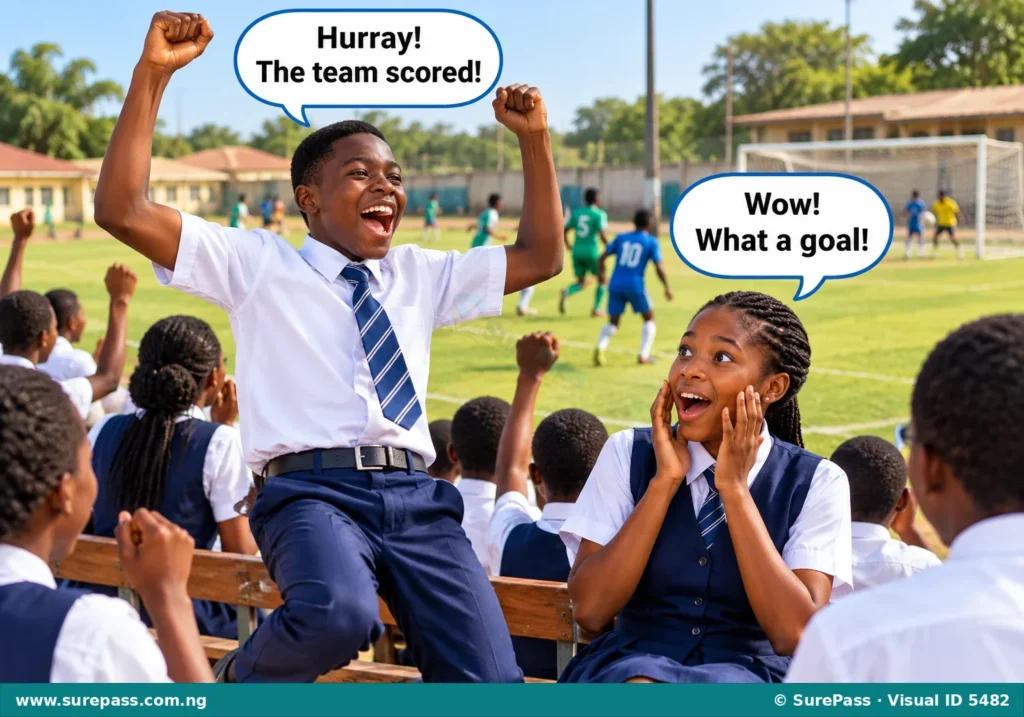 Two students expressing joy and surprise with speech bubbles containing interjections.