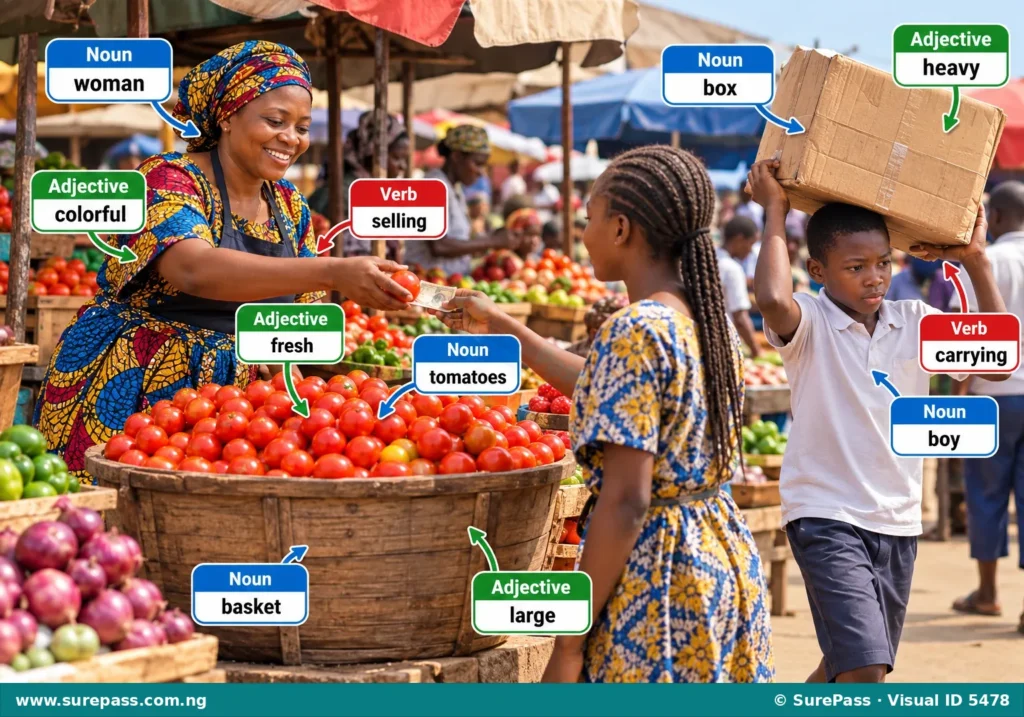 A busy Nigerian market scene with labels identifying nouns, verbs, and adjectives.