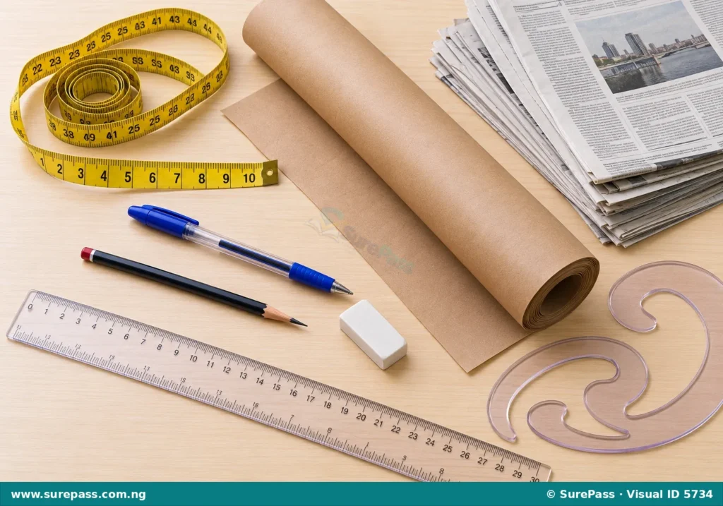 A collection of pattern drafting tools including a tape measure, brown paper, newspaper, pen, pencil, eraser, and ruler.