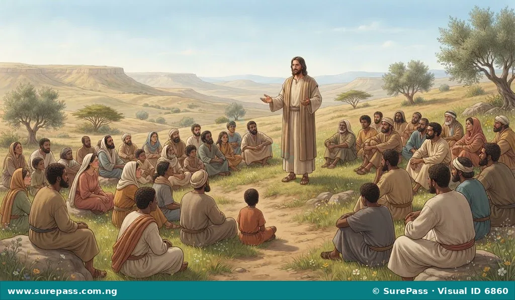 Jesus teaching a crowd on a hillside, representing the Sermon on the Mount where he taught about loving enemies.