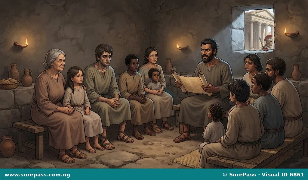 Early Christians meeting secretly, showing courage and determination in the face of persecution as they witness to their faith.