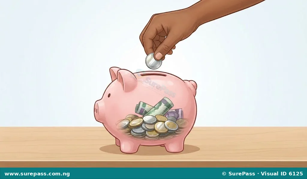 A hand dropping a coin into a pink piggy bank, which already contains several coins and naira notes.