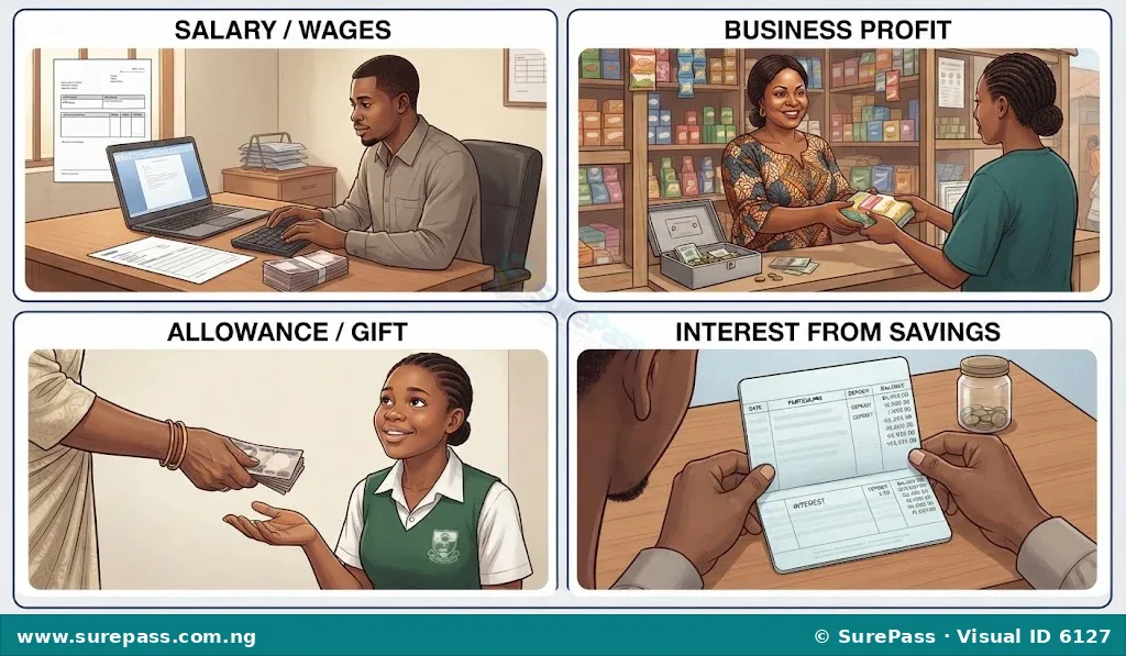 A four-panel image illustrating different sources of personal income: a person working on a computer, a market vendor selling goods, a parent giving money to a child, and a bank statement showing interest.