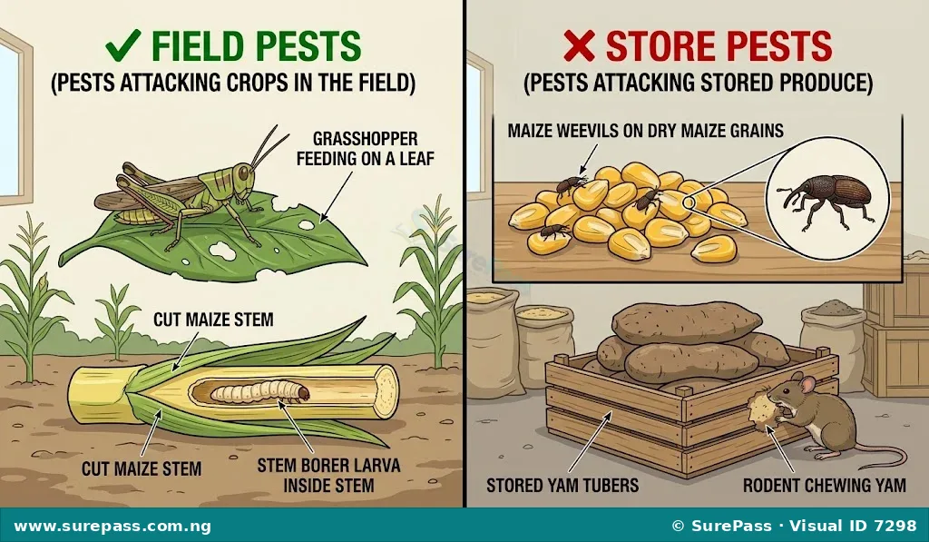 A comparison image showing field pests like grasshoppers and stem borers on the left, and store pests like weevils and rodents on the right.