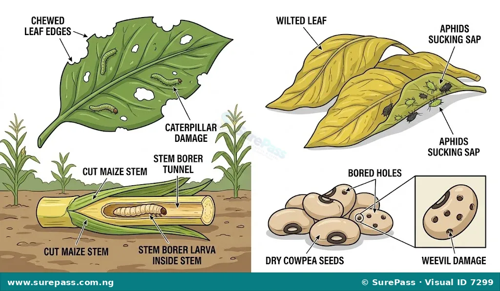 Diagram showing crop damage including chewed leaves, tunneled stems, wilted leaves with aphids, and bored cowpea seeds.