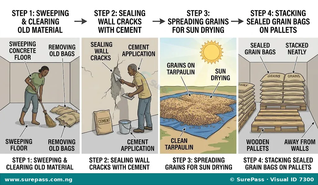 Process sequence showing store cleaning, sealing cracks, drying grains, and stacking bags on pallets.