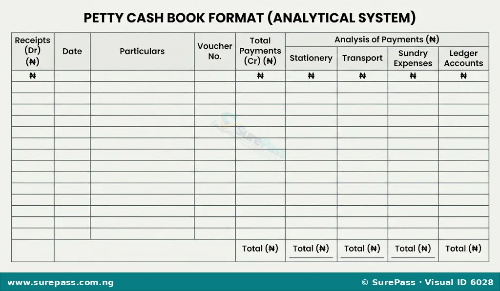 A blank petty cash book format showing columns for receipts, date, particulars, voucher number, total payments, and analysis of payments.
