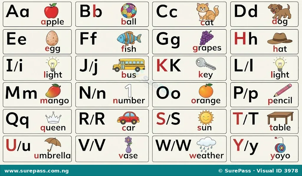 A visual guide showing letters of the alphabet with pictures representing their sounds, like A for apple, B for ball, C for cat.
