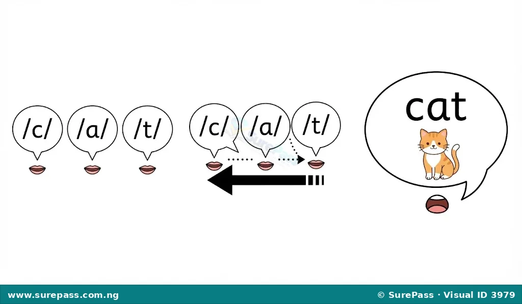 A three-step diagram showing how sounds blend. First, /c/, /a/, /t/ are separate. Then, they move together. Finally, they form the word "cat" with a picture of a cat.
