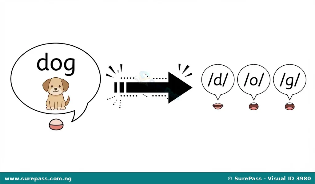 A three-step diagram showing how words segment into sounds. First, the word "dog" is shown. Then, it breaks apart. Finally, the individual sounds /d/, /o/, /g/ are shown.