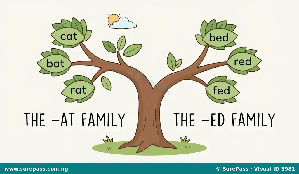 An illustration of a word family tree, showing branches with words like cat, bat, rat on one branch, and bed, red, fed on another.