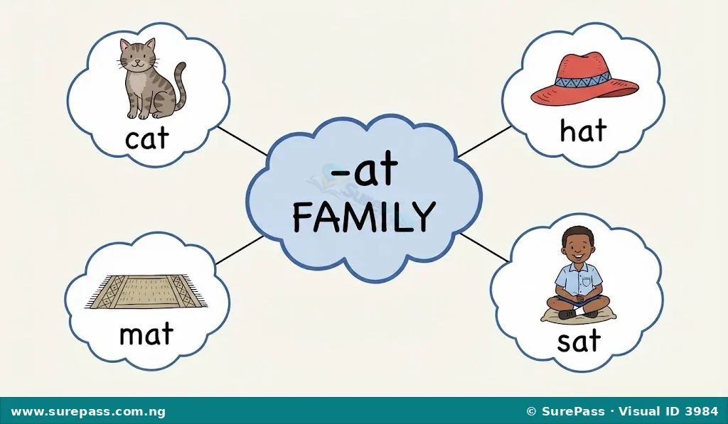 A diagram showing the '-at' word family with words like cat, hat, mat, and sat.