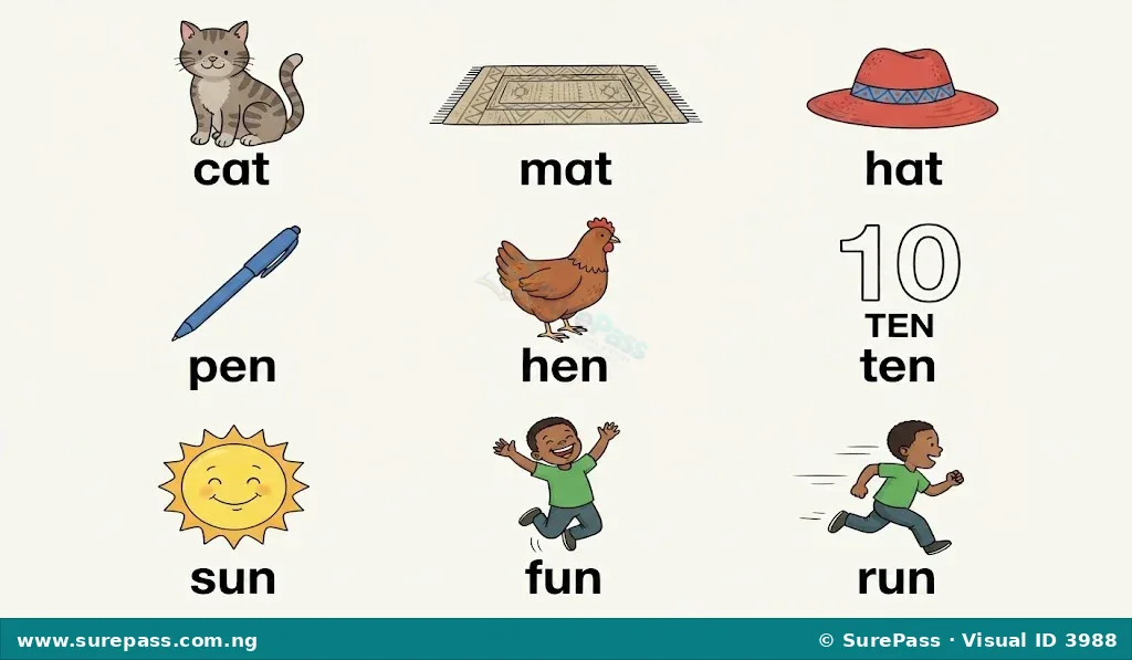 Images of cat, mat, hat; pen, hen, ten; sun, fun, run.