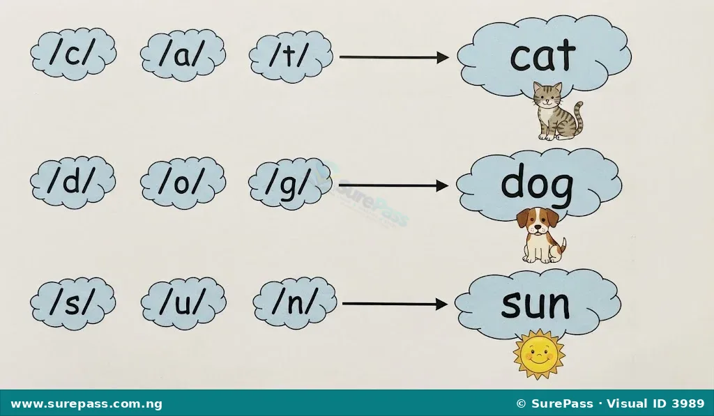 Diagram showing individual sounds /c/, /a/, /t/ blending to form "cat"; /d/, /o/, /g/ blending to form "dog"; and /s/, /u/, /n/ blending to form "sun".