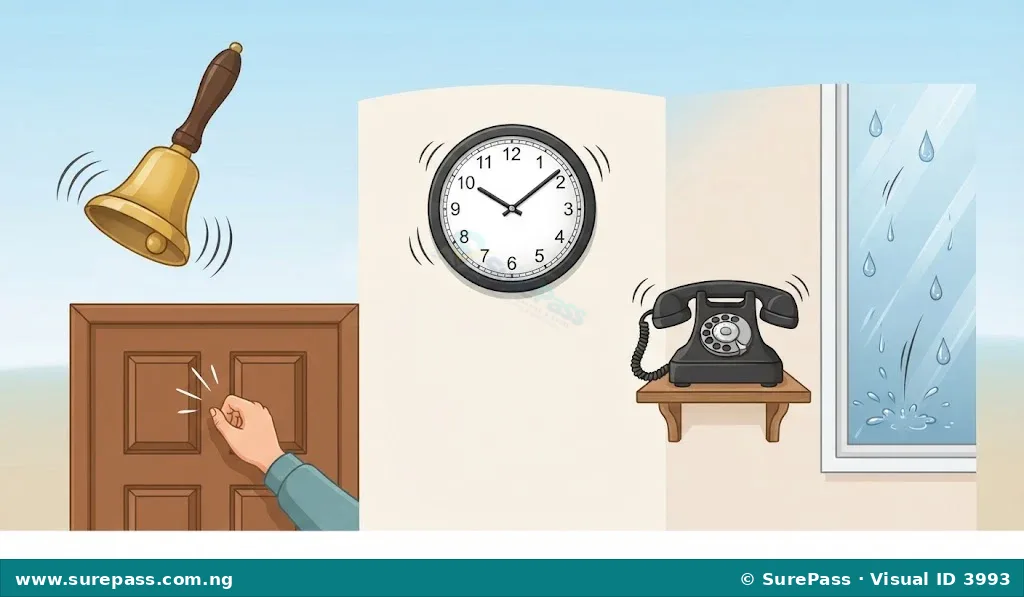 A collection of objects including a bell, a clock, a door, a telephone, and rain drops.