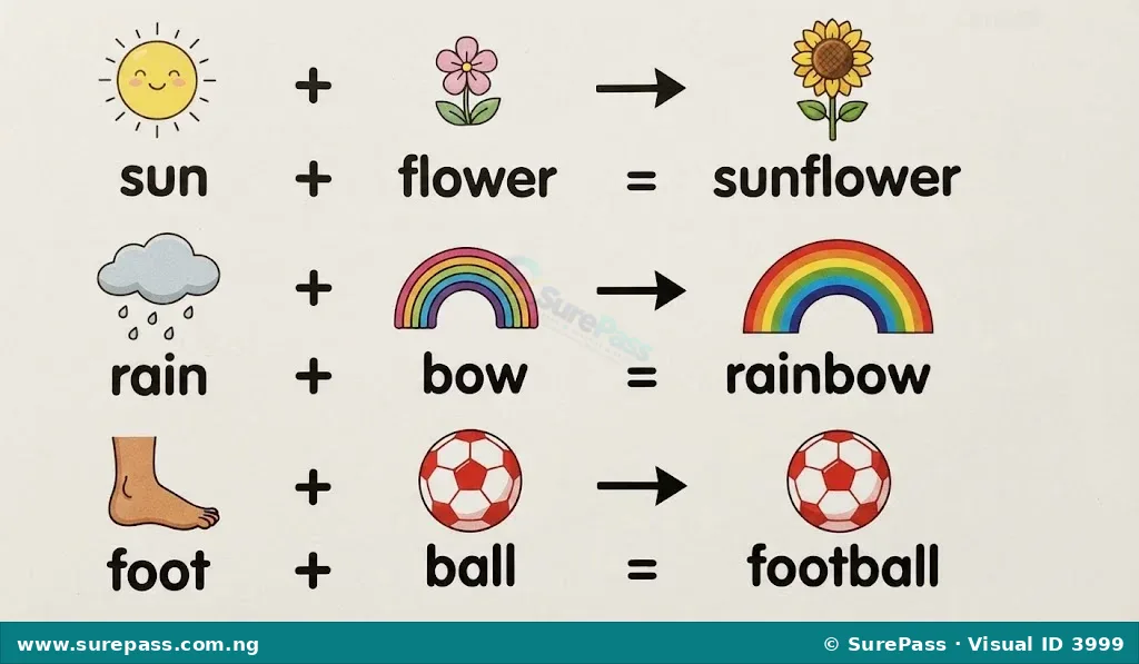 Diagram showing how two small words combine to form a compound word, with examples like sun + flower = sunflower.