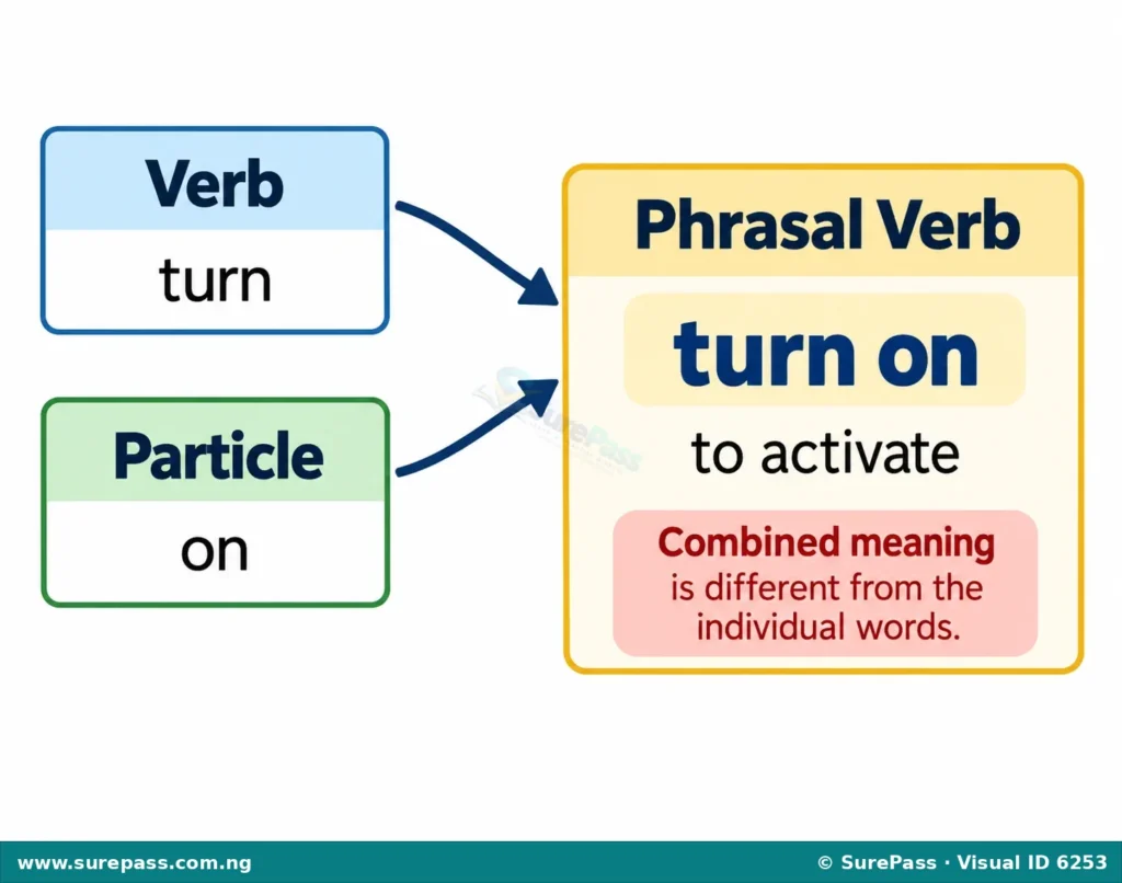 Diagram showing 'Verb' + 'Particle' = 'Phrasal Verb', with an example 'turn on' meaning 'to activate'.