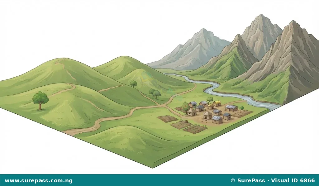 A landscape showing rolling green hills and taller, rugged mountains in the background, with a valley and a small village.