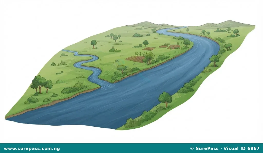A wide river flowing through a green landscape, with a smaller, winding stream visible nearby.