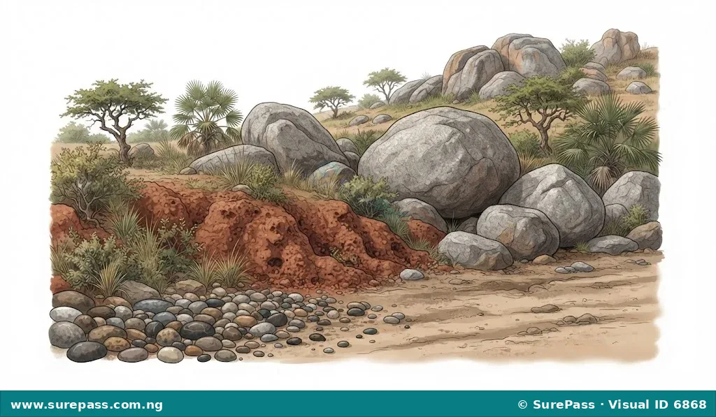 Various rocks in a natural setting, including large grey boulders, reddish soil-like rock, and small smooth pebbles.
