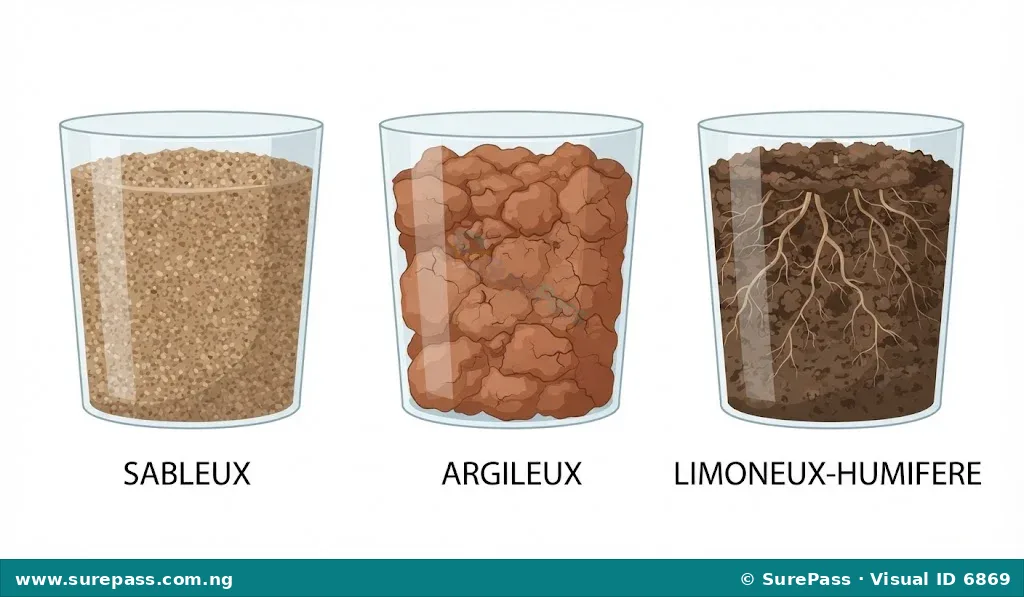 Three soil samples: sandy (light brown, gritty), clayey (reddish-brown, clumpy), and loamy (dark brown, crumbly with roots).