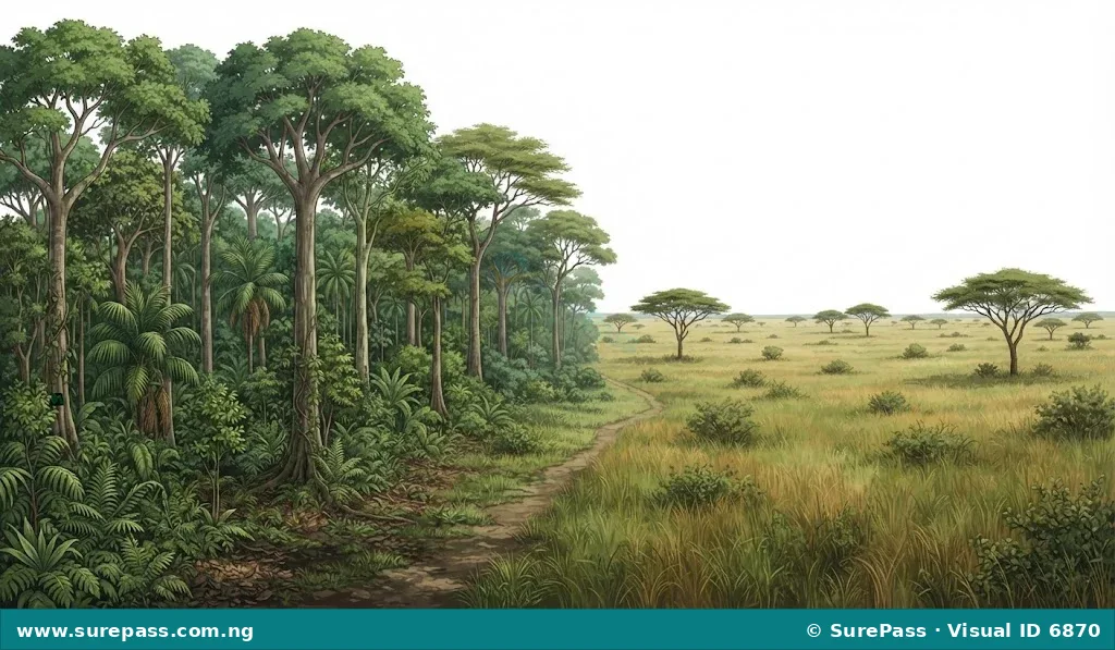 A landscape showing dense forest on one side and open grassland with scattered trees on the other.